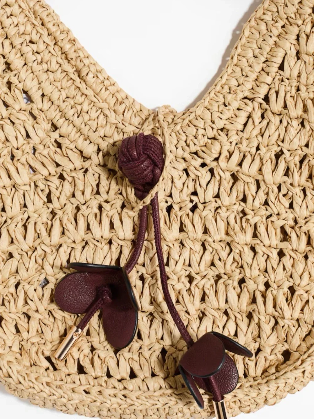 H&M Natural Straw Crescent Shoulder Bag with Dark Brown Trim